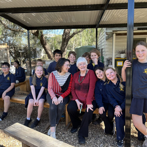 Alice Zaslavsky and Stephanie Alexander with the students at Elwood Primary School.