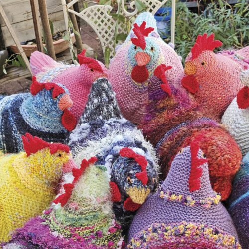 Colourful knitted chooks.
