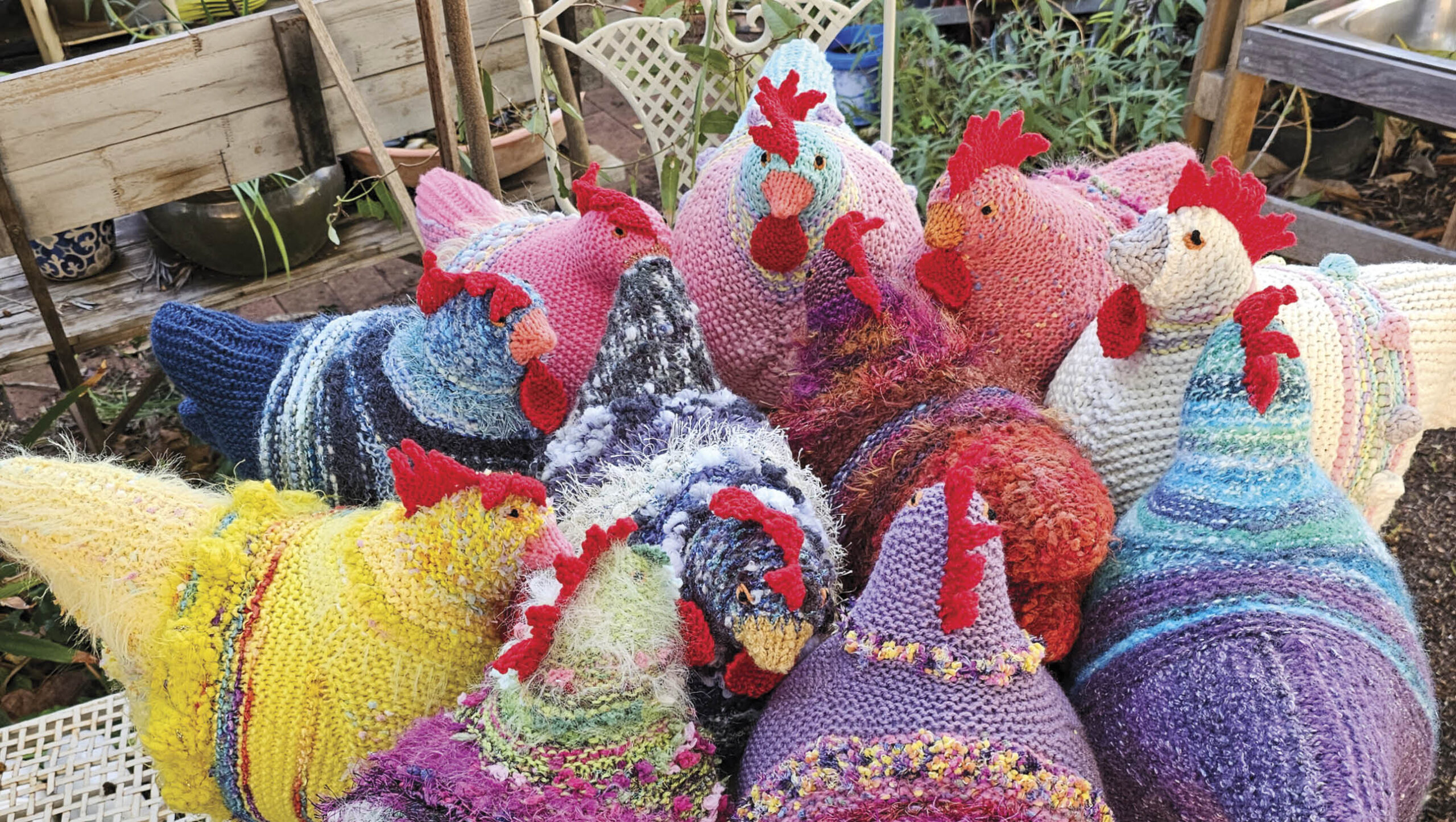 Colourful knitted chooks.