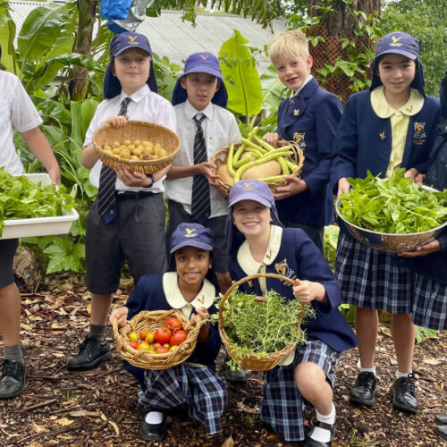 Students at John Colet primary school showing off vegies grown in their garden.