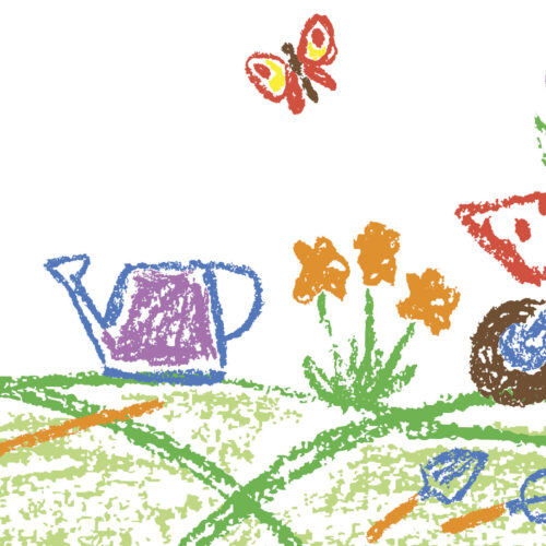 a colourful illustration of items that are in the garden: boots, watering can, wheelbarrow and butterfly/