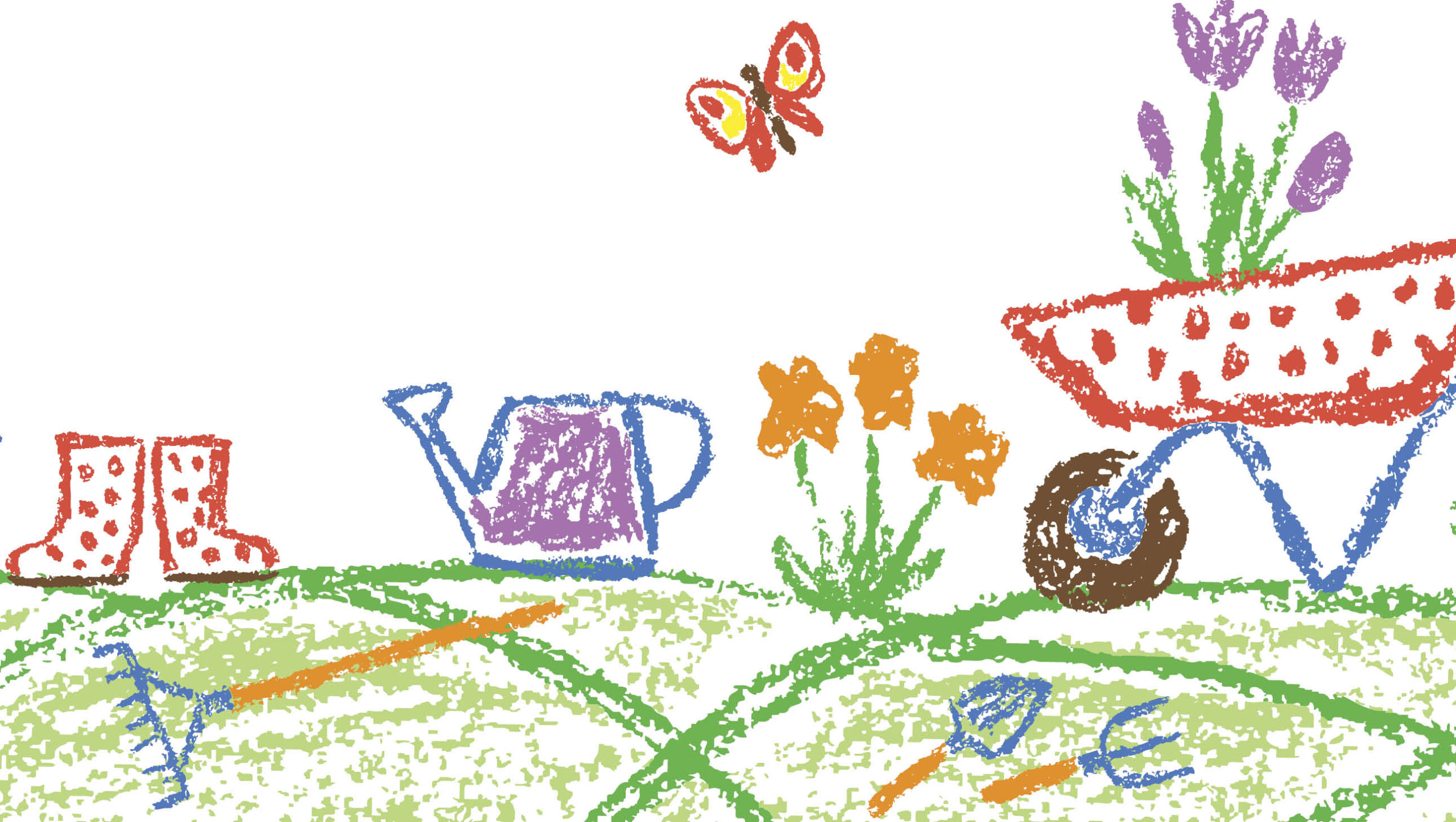 a colourful illustration of items that are in the garden: boots, watering can, wheelbarrow and butterfly/