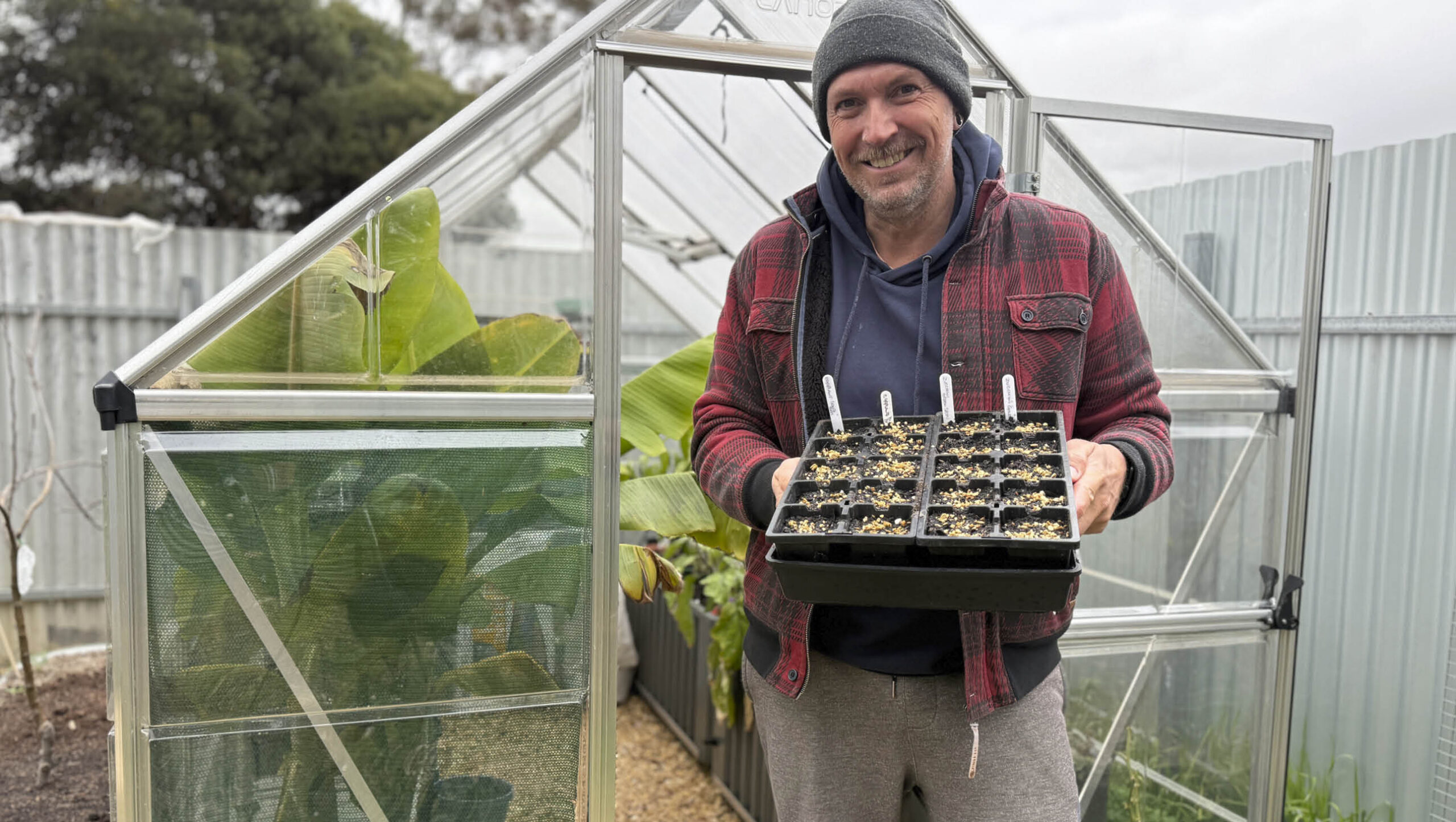 Michael in front of his glasshouse with a tray of seed punnets.