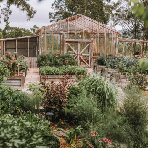Glasshouse surrounded by a kitchen garden.