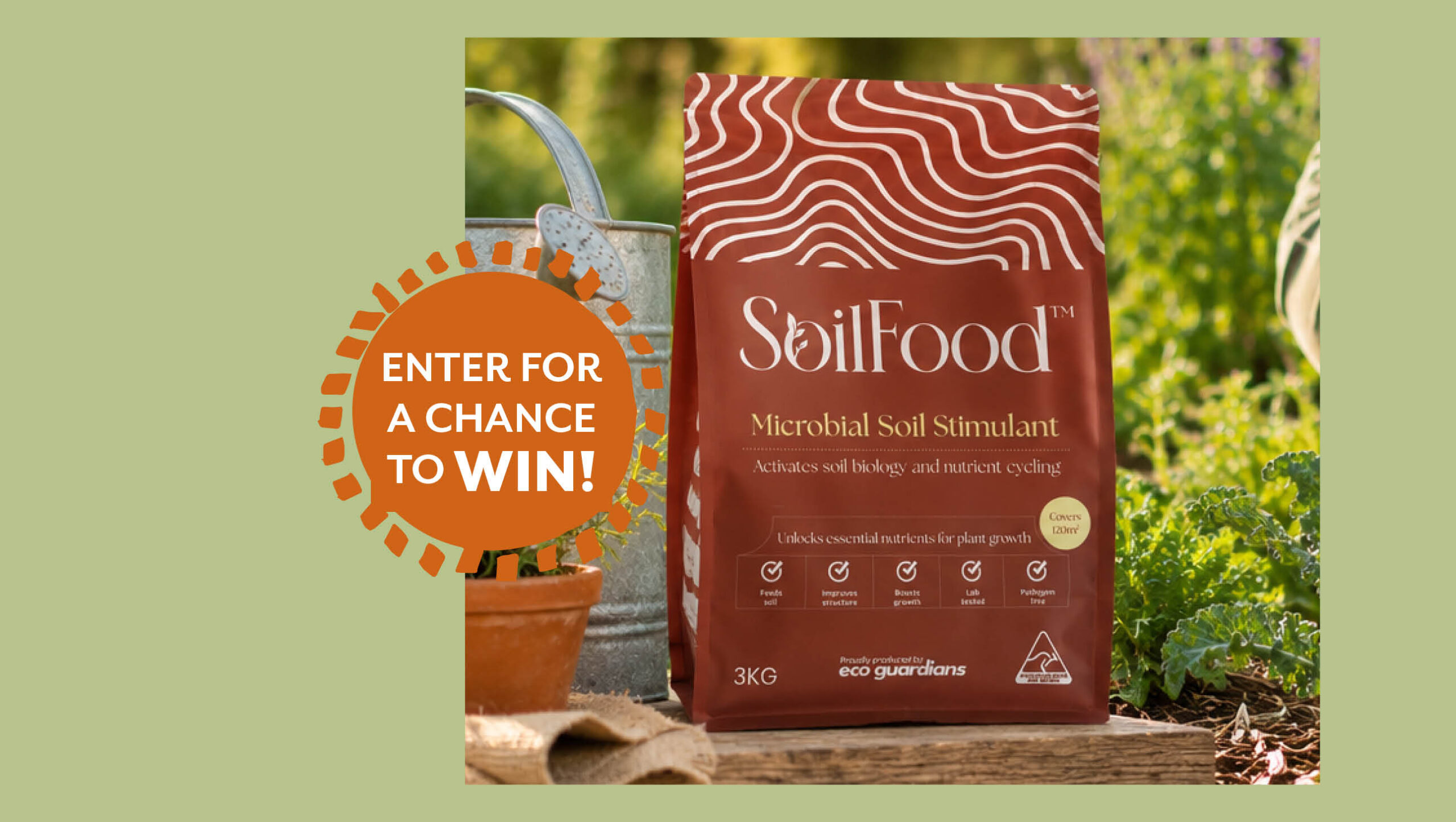 Bag of SoilFood soil additive in a garden.
