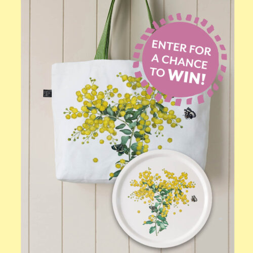 A tote bag and tray decorated with yellow wattle and butterflies