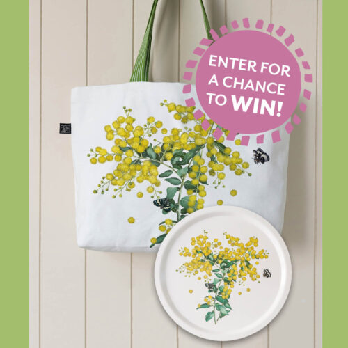A tote bag and tray decorated with golden wattle and butterflies.