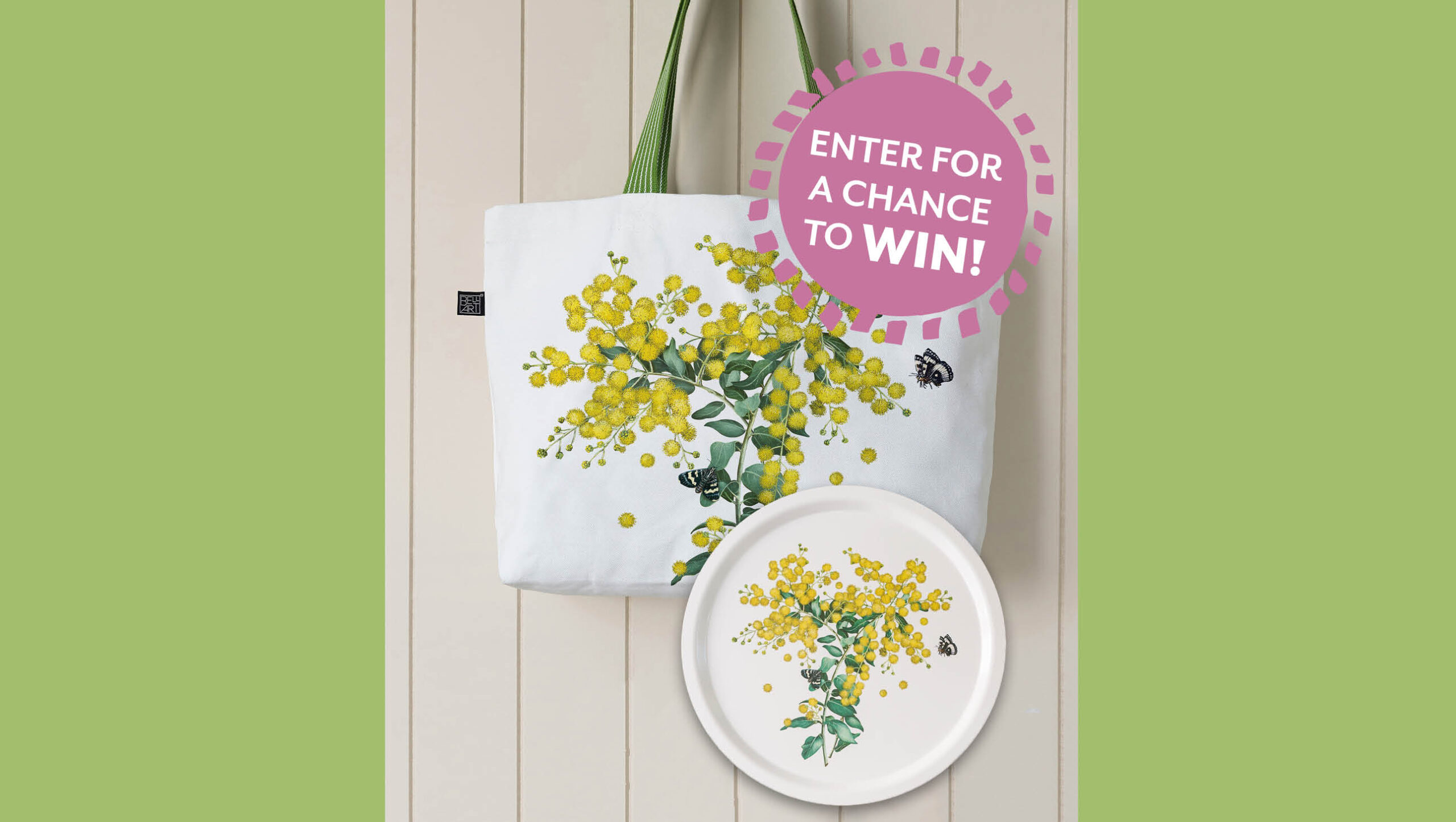 A tote bag and tray decorated with golden wattle and butterflies.