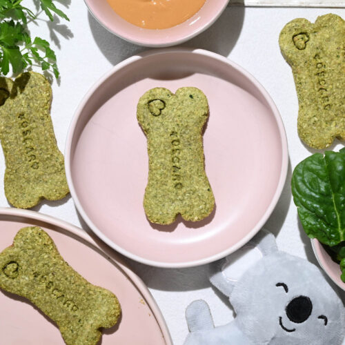 Homemade dog treats on pink plates, surrounded by fresh greenery and dog toys.