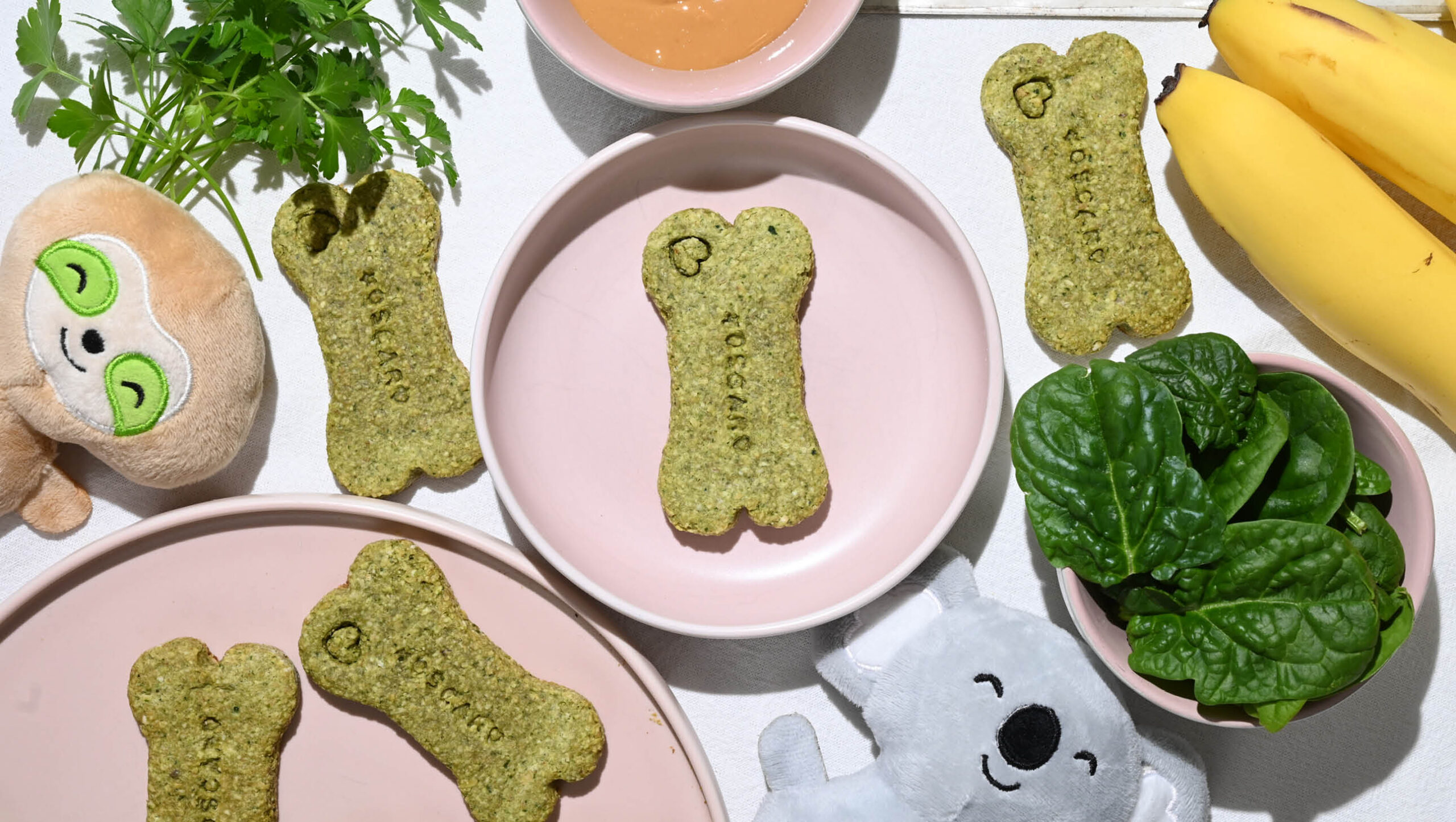 Homemade dog treats on pink plates, surrounded by fresh greenery and dog toys.