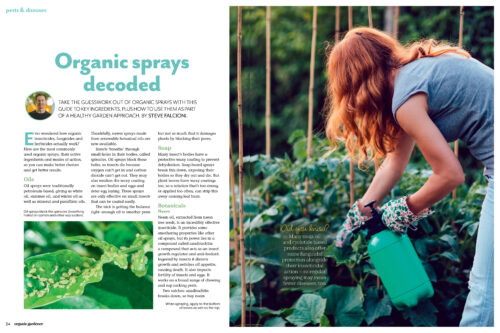 Pages from Organic Gardener magazine featuring images to do with organic sprays.