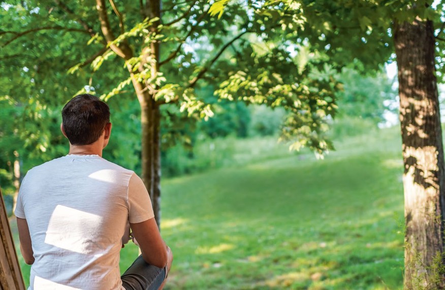 A man in a white T-shirt sits looking out over a sunlit green lawn shaded by trees